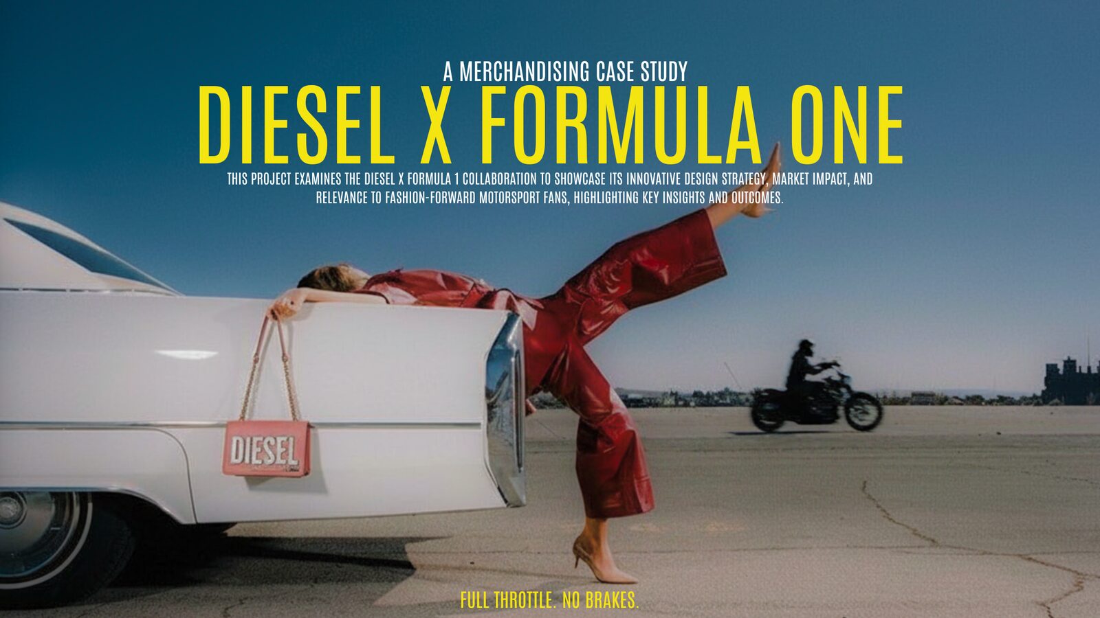 Case study cover: Diesel x Formula One, Full Throttle. No Brakes., with a model in red leather draped over a white vintage car