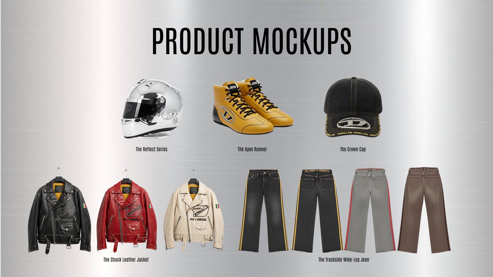Mockups of the chrome Reflect Series helmet, yellow Apex Runner sneaker, black Crown Cap, Chuck leather jacket in three colors and Trackside wide-leg jeans