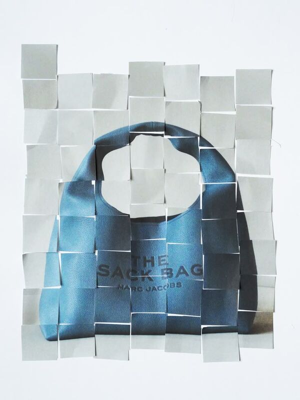 Inspiration: collage of a powder-blue tote made from torn paper squares