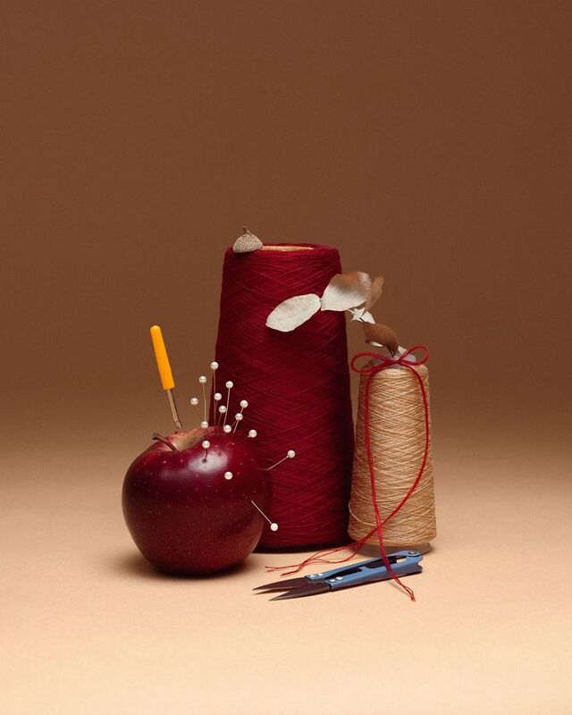 Inspiration: red and camel thread cones with a pinned apple and thread snips