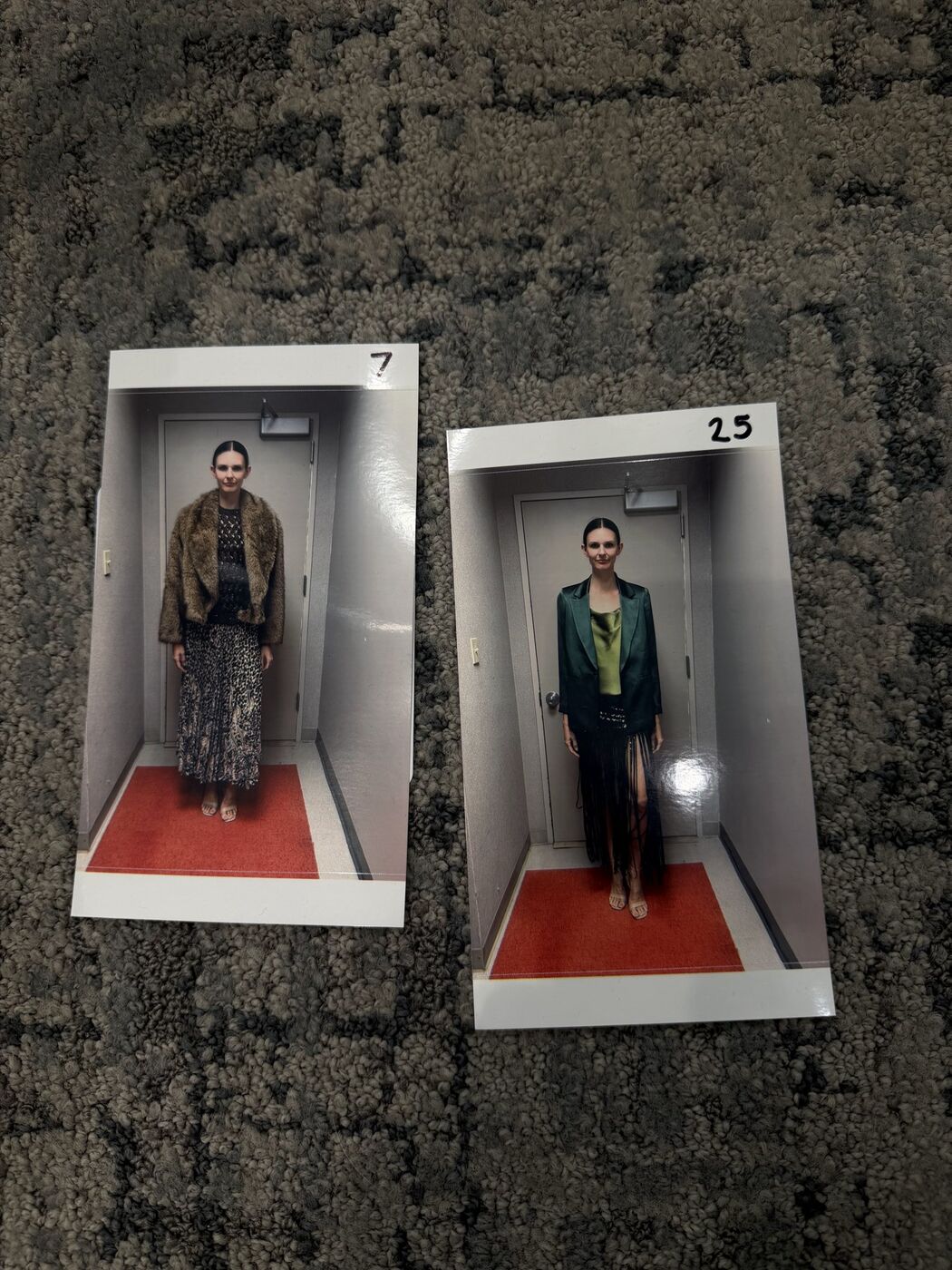 Numbered look cards used to match models to outfits
